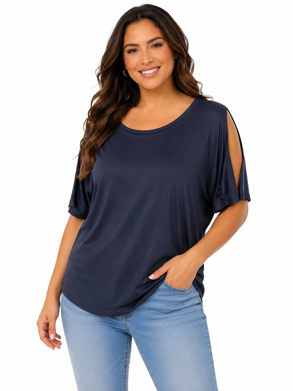 Plus-Size Navy Cold-Shoulder Scoop Neck Tee